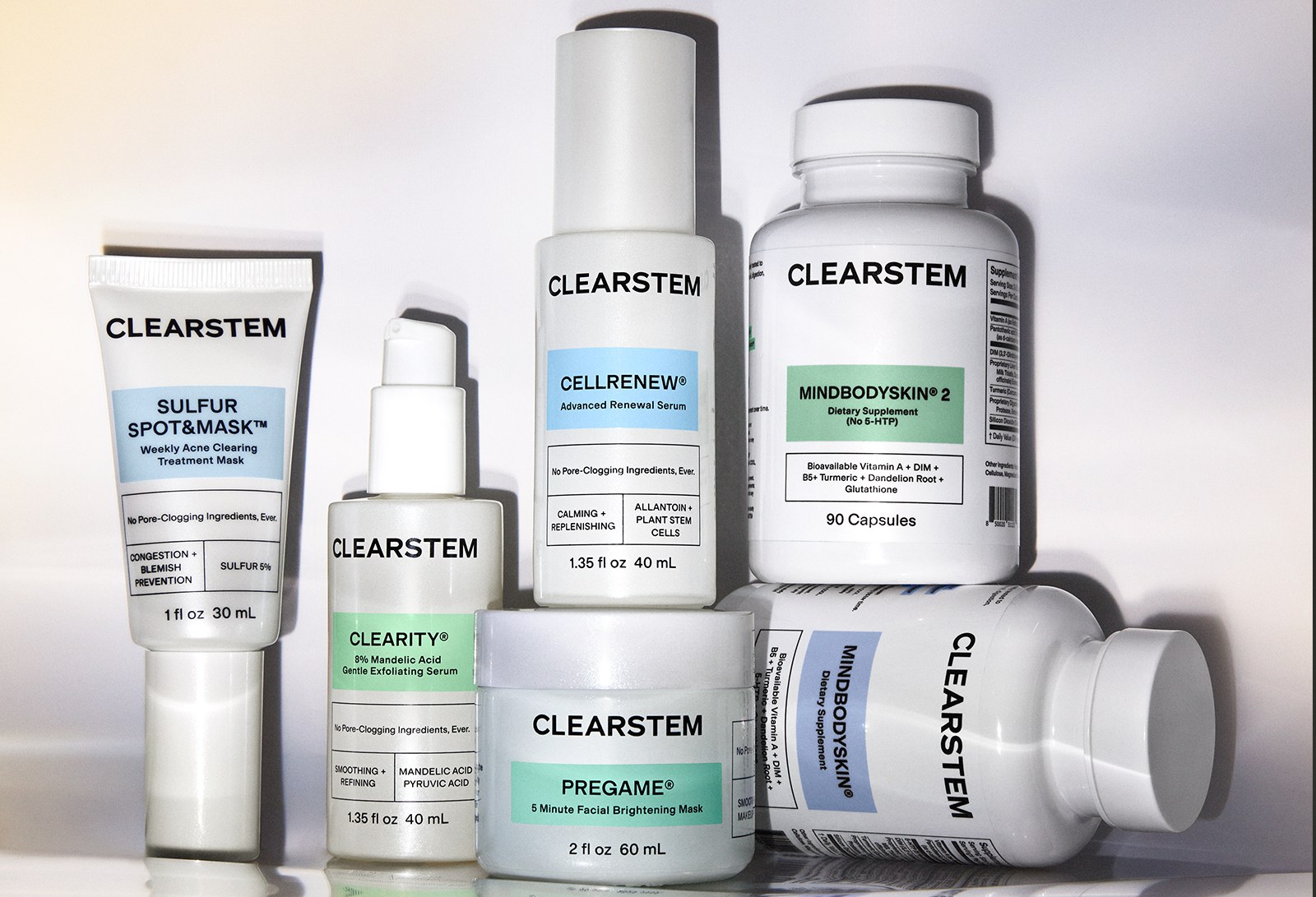 CLEARSTEM minis and full sizes grouped on a pale set: SULFUR SPOT&MASK with CLEARITY, CELLRENEW, PREGAME and MINDBODYSKIN 2.