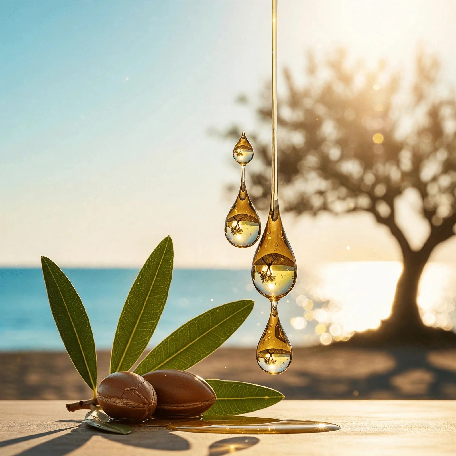 Oil droplets fall near argan fruit and green leaves.