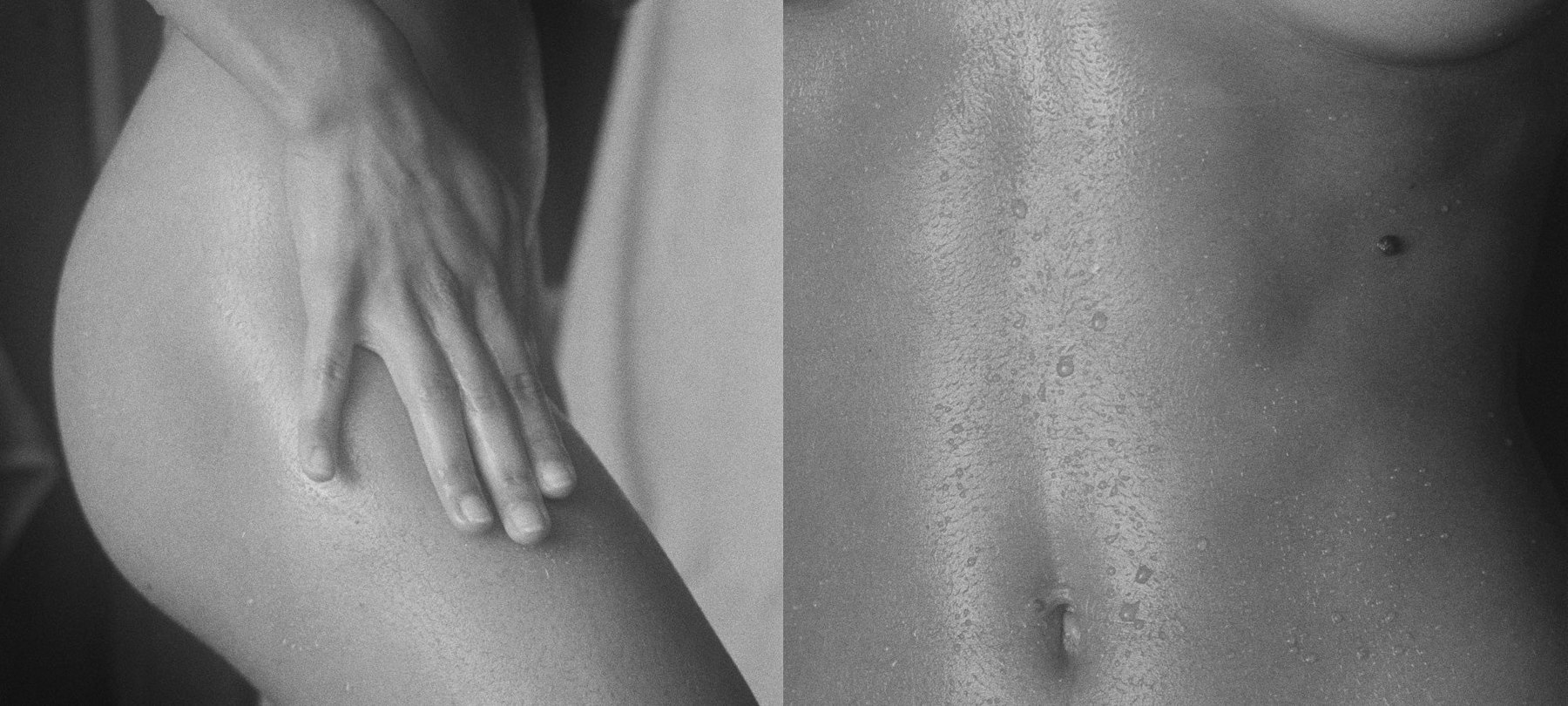 Paired detail views show a hand touching glistening skin.