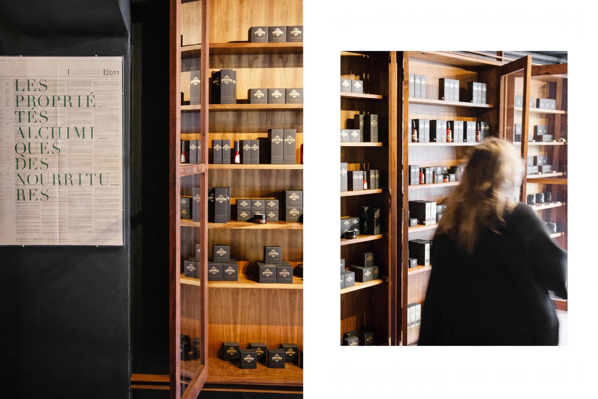 A woman stands before tall wooden cabinets filled with skincare.