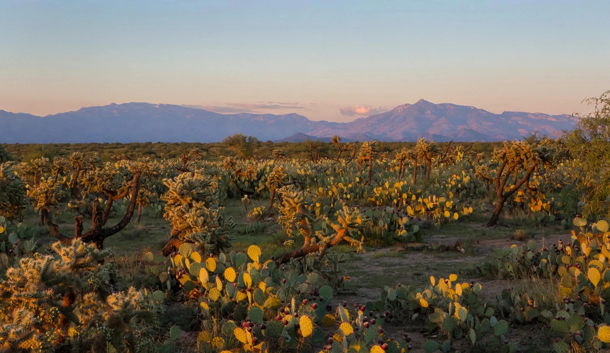 Cacti under a pale sky