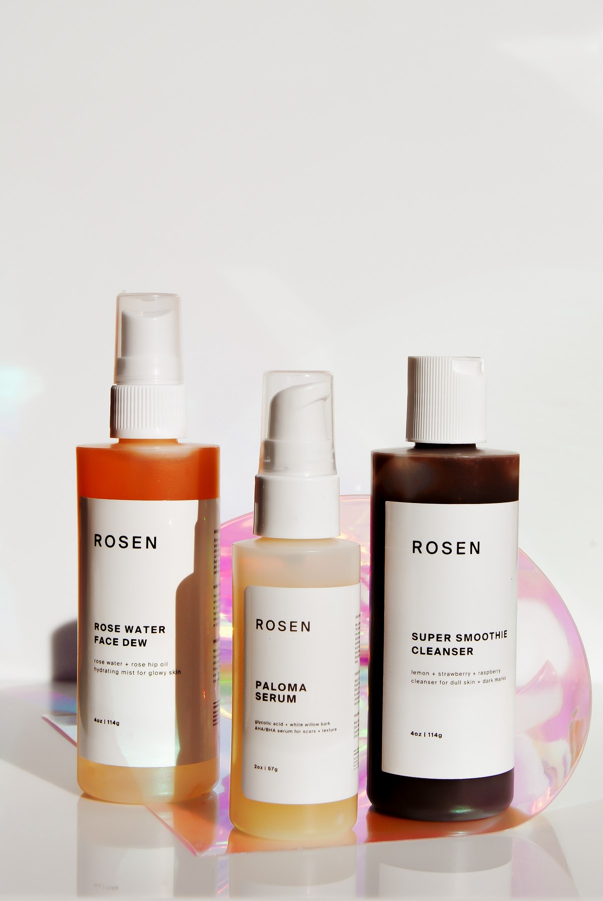 A lineup of ROSEN Skincare products.